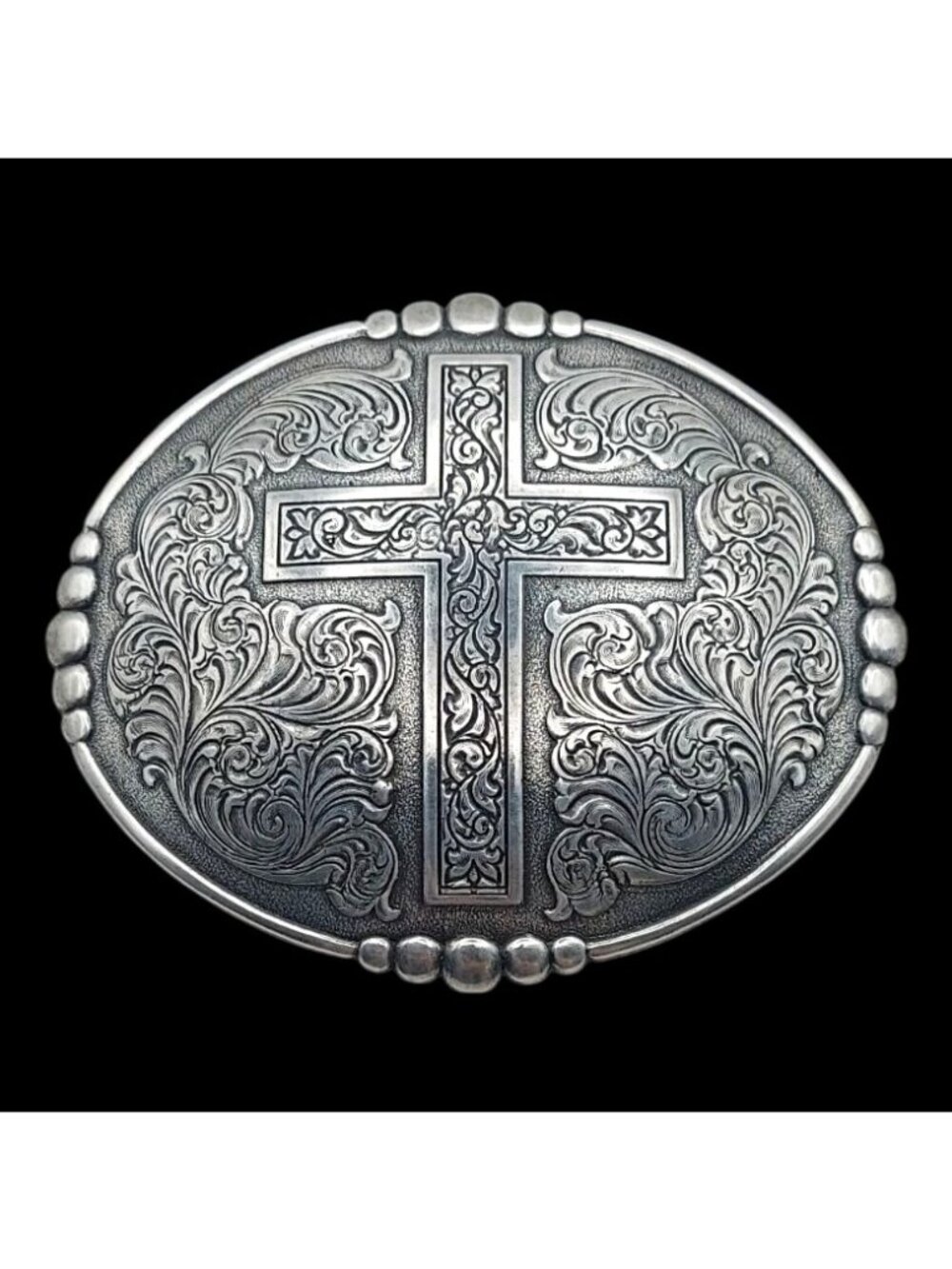 Crumrine Silver Plated Floral Engraved Beaded Western Cross Oval Belt Buckle